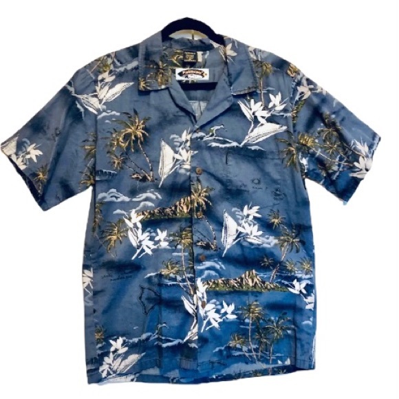 PALMWAVE Hawaiian Surfer Palm Trees Island Blue Shirt Surfer Tropical Men Medium - Picture 7 of 16